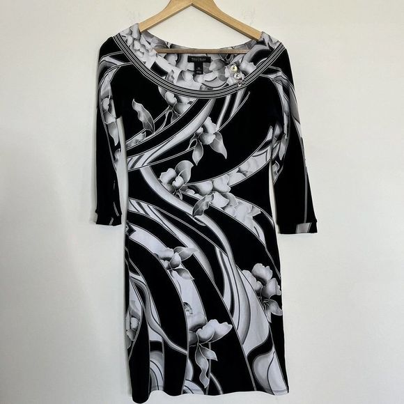 White House Black Market‎ 3/4 Sleeve Black White Floral Jersey Dress Stretch XS - Picture 1 of 10